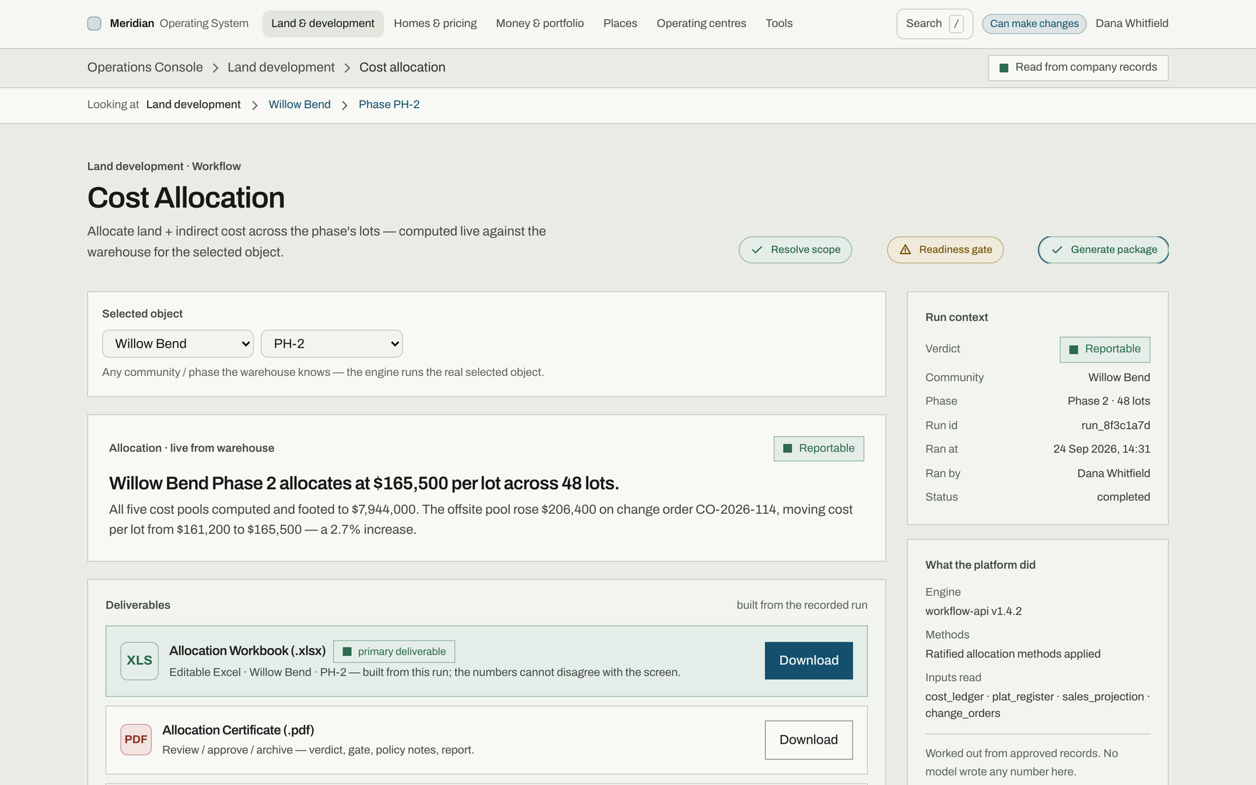 The cost allocation workflow after a run: the phase allocates at a stated cost per lot across its lots, with the deliverables it produced — an allocation workbook and a certificate — and a run context naming the engine, the methods applied and the inputs read.