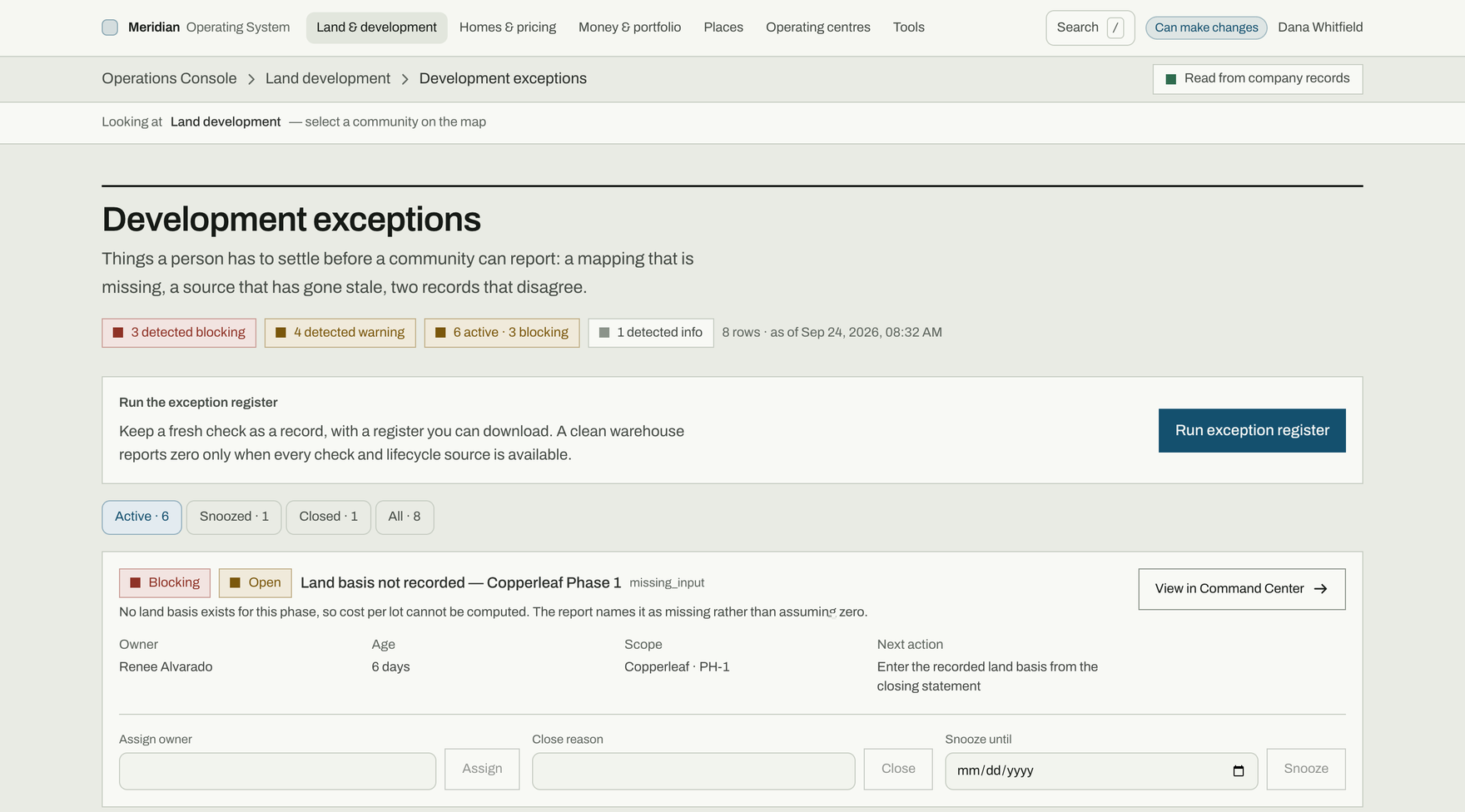 The exceptions register: the open items standing in the way of a report, each with what is wrong, who owns it and what has to happen next.