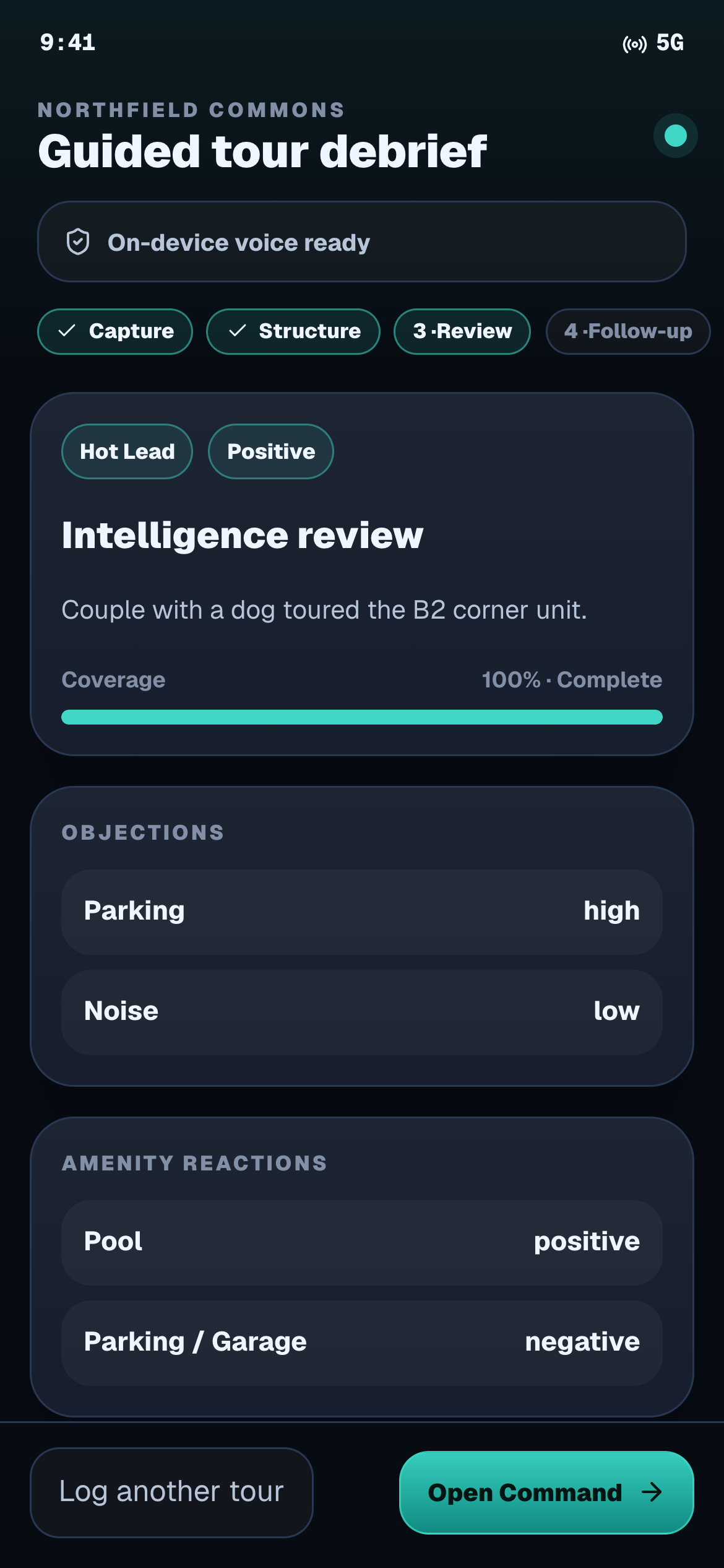 A host’s phone just after a tour debrief: the visit summarised in a line, coverage complete, and the structure the rules read out of it — objections ranked by severity, and amenity reactions marked positive or negative.