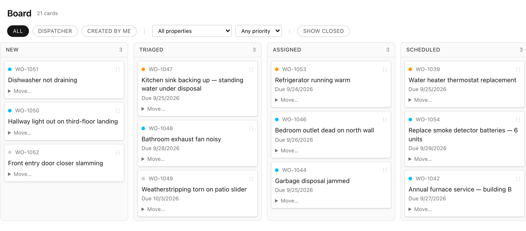 The operations board: open work orders set out in columns by the state they are in, each card carrying its number and what is wrong, with a due date once one is set — the whole portfolio across on a wide screen, the newest requests at the front on a phone.